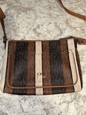 Jones New York Striped Logo Crossbody Bag Zip Closure Detachable Strap Brown